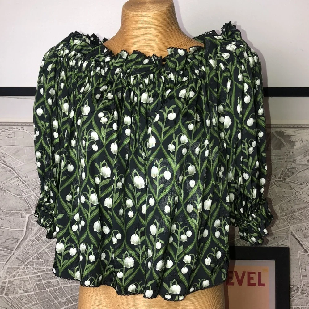 AGUA BY AGUA BENDITA Floral Off-Shoulder Top - Black and Green Size M - Picture 3 of 12
